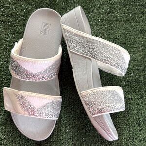 FitFlop Women's Mina Ombre Silver Glitter Slip on Slide Sandal, Adjustable Strap